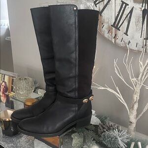 Coach Black Heeled Boots with Gold Buttons